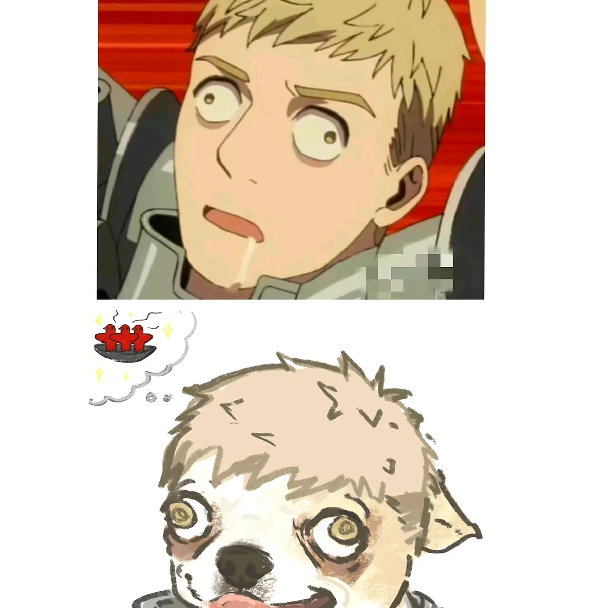 The image is split into two panels. The top panel shows an anime character with wide, shocked eyes and a surprised…