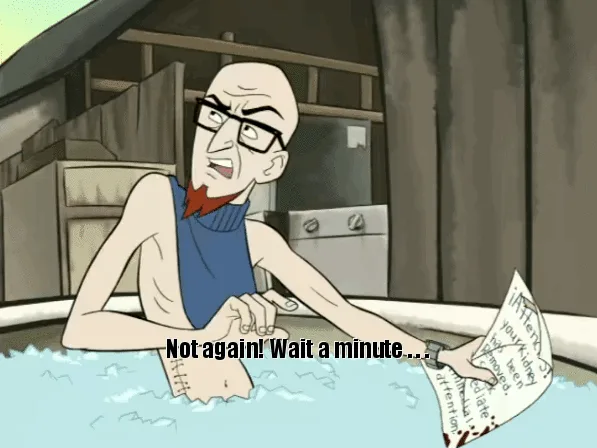 A six-panel comic strip shows a bald, bespectacled man in a blue tank top sitting in a hot tub. In the first three panels…
