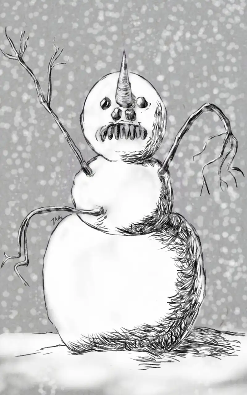 A black-and-white pencil drawing depicts a menacing snowman with a sharp horn on its head, multiple eyes, jagged teeth, and…