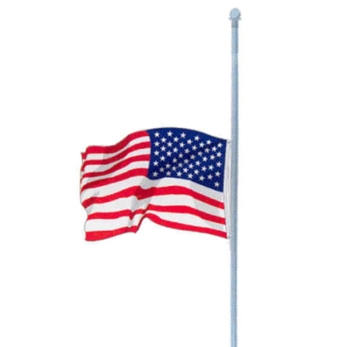 An american flag is shown flying at half-mast on a flagpole against a plain white background. The flag's red and white…