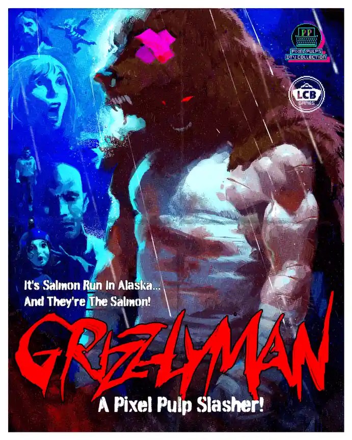A stylized horror movie poster features a large, menacing, muscular bear-like creature with glowing red eyes and a pink X…