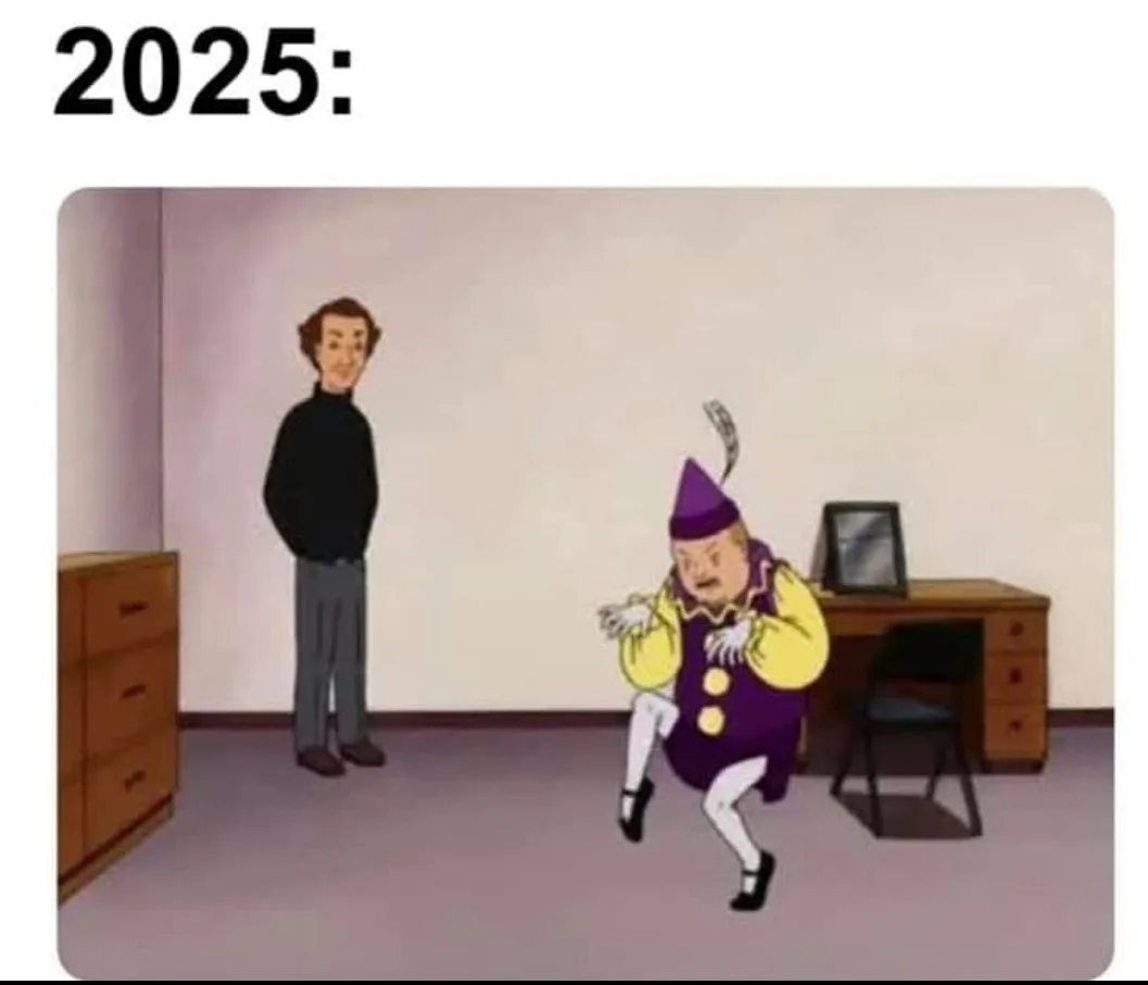 An animated scene shows a man in a black turtleneck standing calmly while a jester in a purple and yellow outfit dances…
