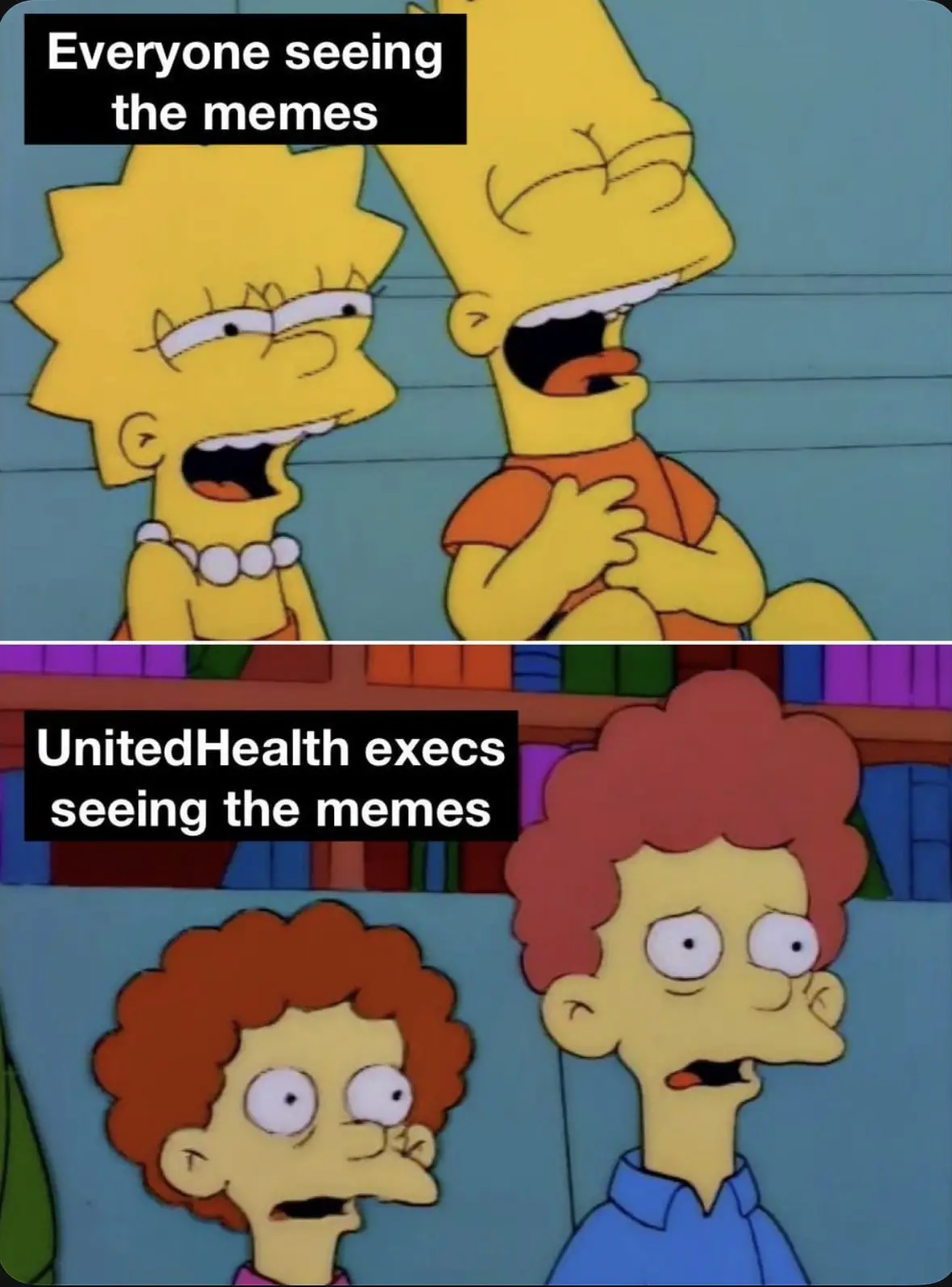 The top panel shows Bart and Lisa Simpson laughing hysterically with text 'Everyone seeing the memes'. The bottom panel…