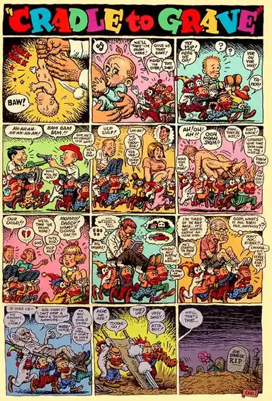 A colorful comic strip titled 'CRADLE to GRAVE' depicts a baby's life from birth to death, shown through 12 panels. Each…