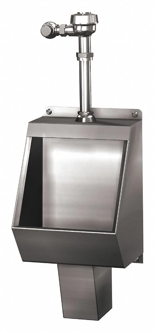 A stainless steel urinal with a chrome flush valve is shown against a white background. The image has the text 'i'm not a…