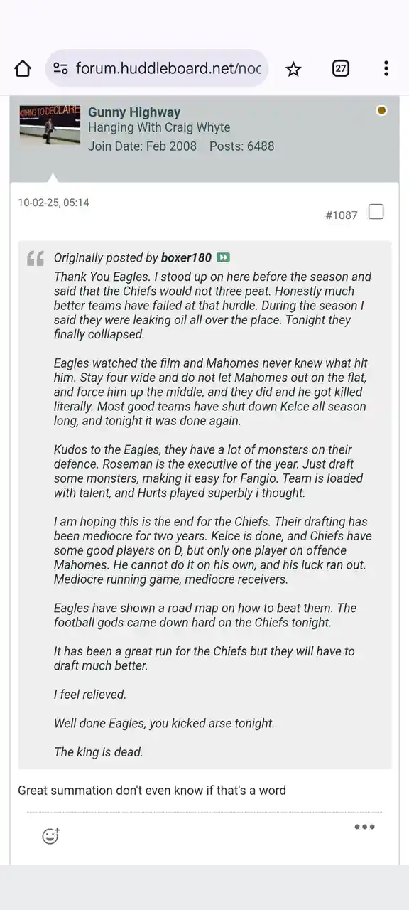 A screenshot of a forum post from 'forum.huddleboard.net' where user 'boxer180' posts a long analysis of a football game…