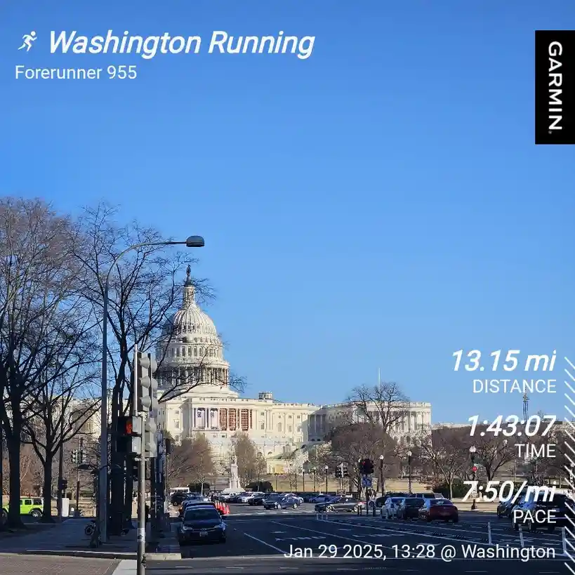 A screenshot of a Garmin Forerunner 955 running watch displaying a 13.15-mile run in Washington, D.C., with the U.S. Capitol…