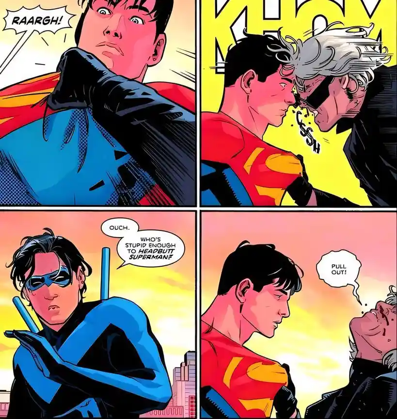 A four-panel comic strip shows Superman reacting with shock to a headbutt from an older man, then being confronted by…