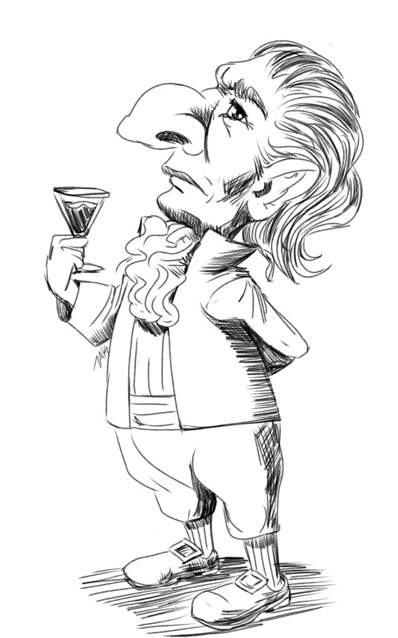 A black-and-white cartoon drawing of a man with an exaggeratedly large nose and long hair, wearing a jacket and boots…