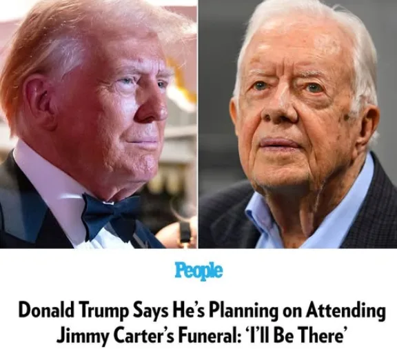 The image is a split-screen showing Donald Trump on the left wearing a tuxedo with a bow tie, and Jimmy Carter on the right…