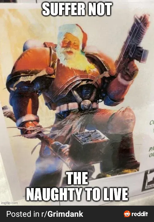 A heavily armored, battle-worn Santa Claus figure, holding a large firearm, is depicted in a fantasy art style. The image…