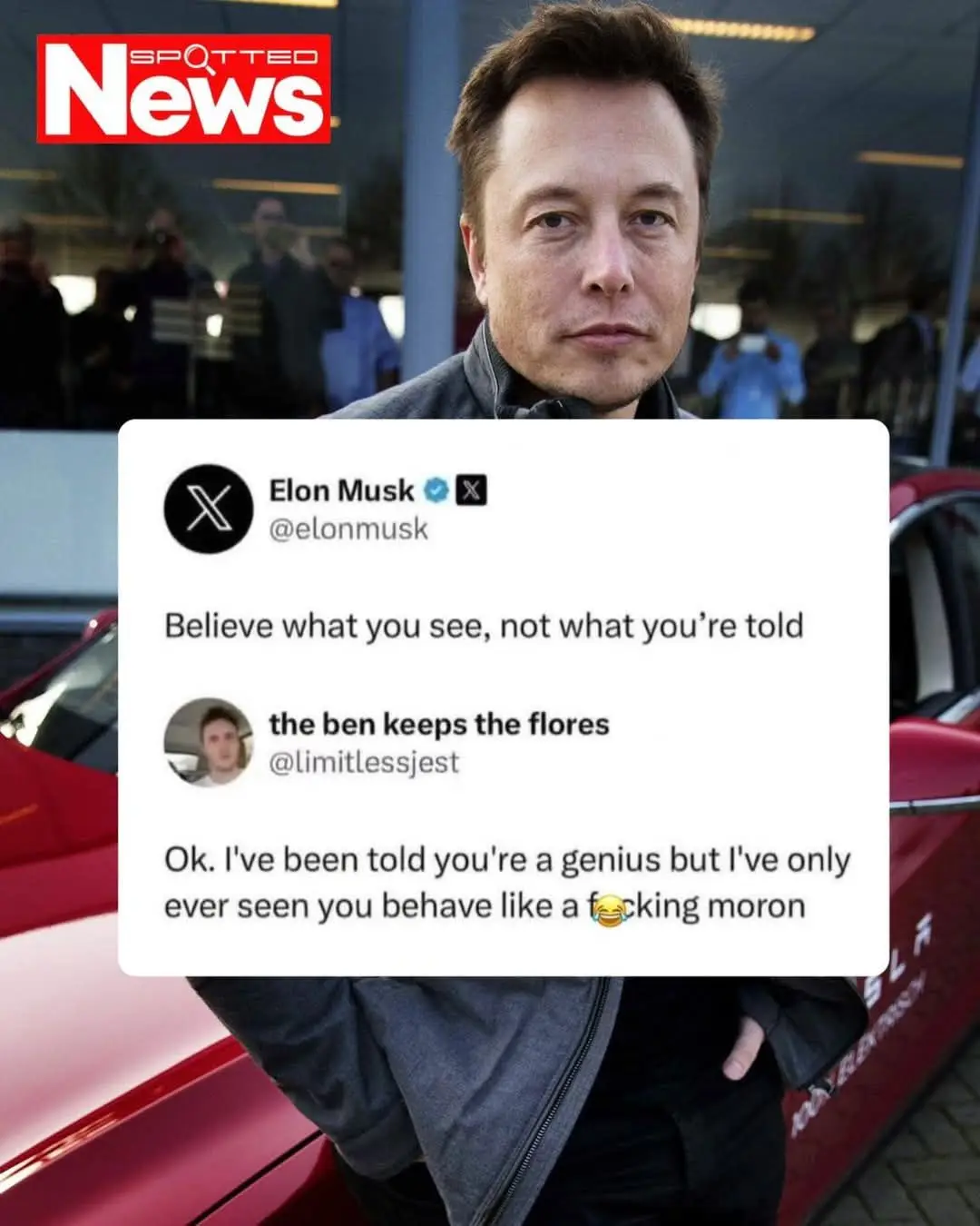 A photo of Elon Musk standing next to a red Tesla car, overlaid with a screenshot of a Twitter thread. The first tweet from…