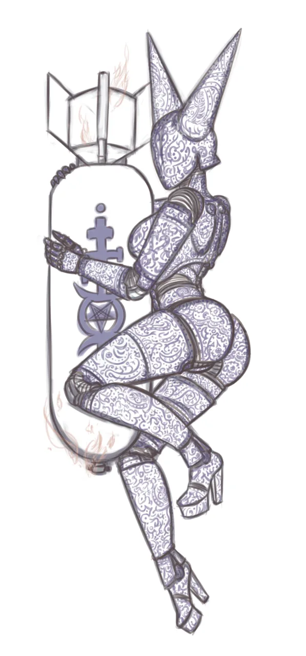 A stylized, ornate female figure in intricate purple and white patterned armor is hugging a large, white bomb with a lit…