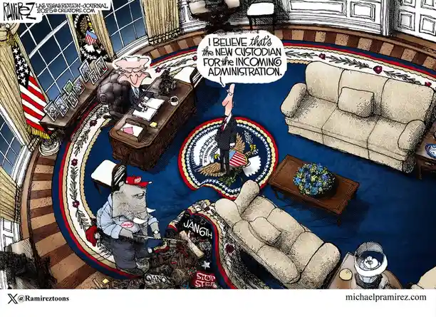 A political cartoon depicts a messy Oval Office with an elephant in a 'Congress' shirt cleaning up debris labeled 'QANON'…