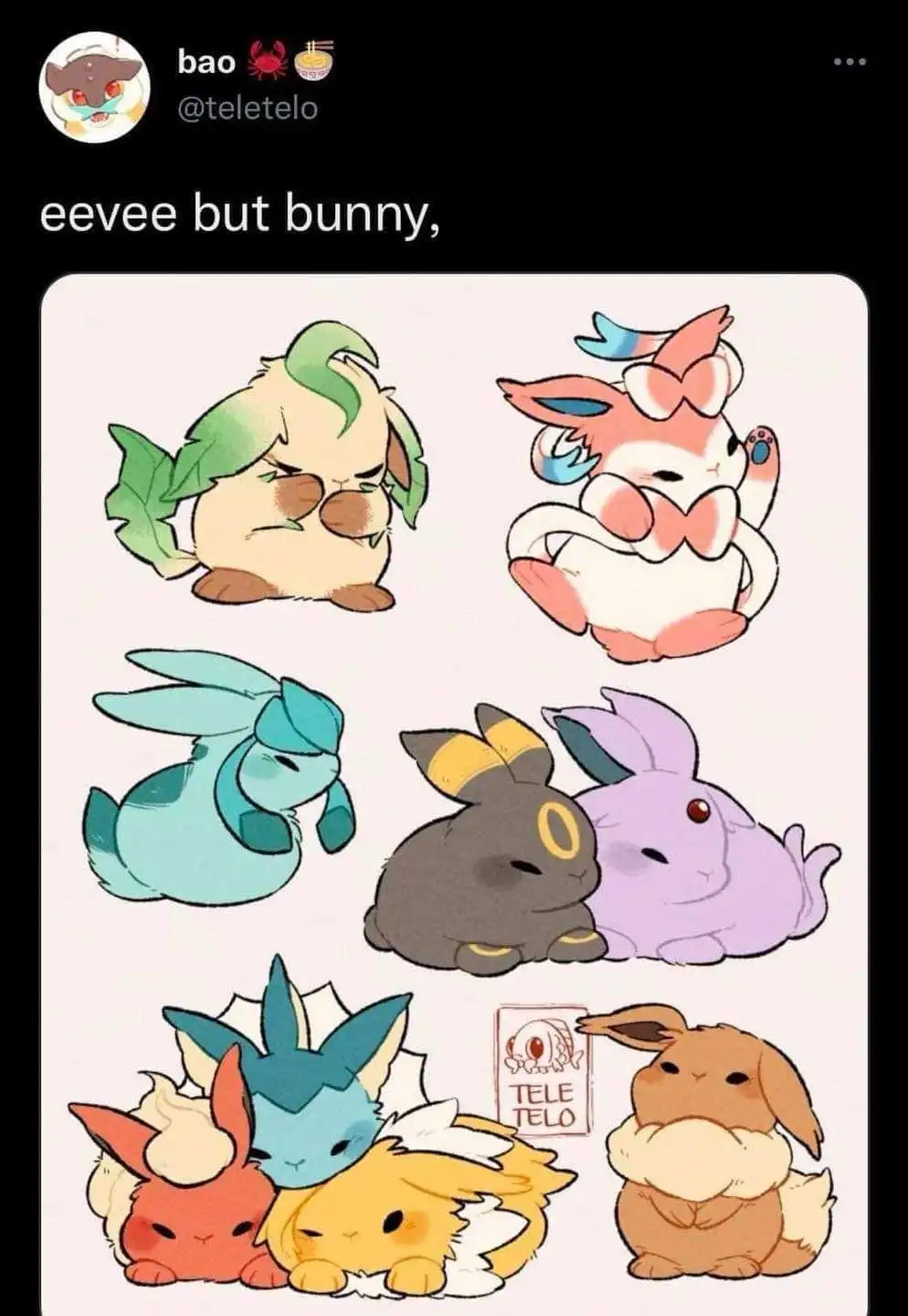 The image displays eight chibi-style Pokémon, all reimagined as bunnies, arranged in a grid. The top row shows Leafeon and…