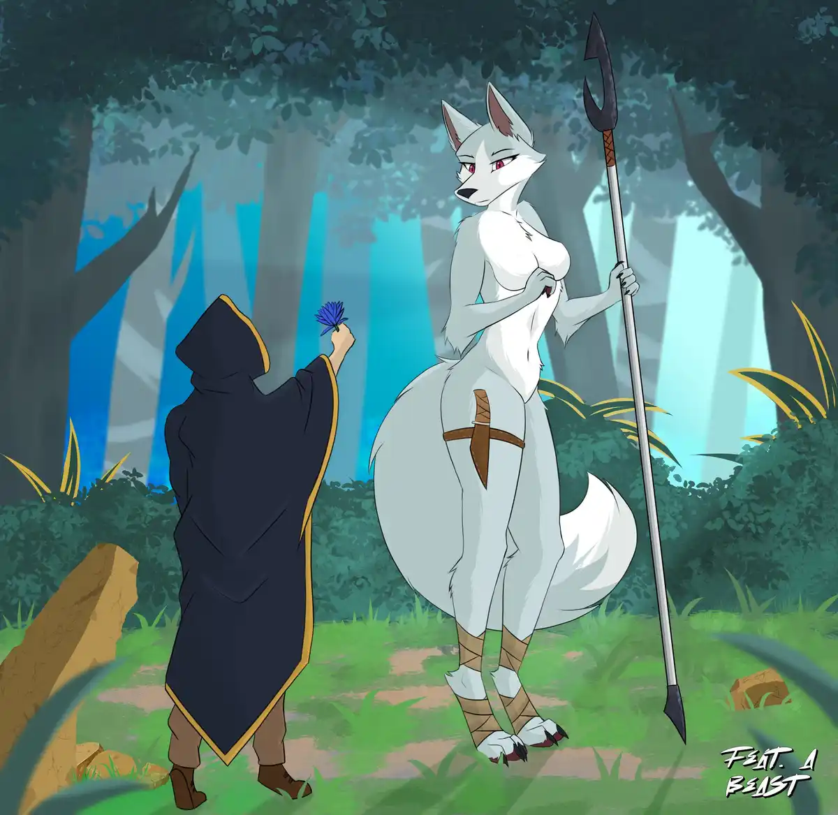 A hooded figure in a dark robe with gold trim holds out a single blue flower toward a tall, white-furred anthropomorphic fox…
