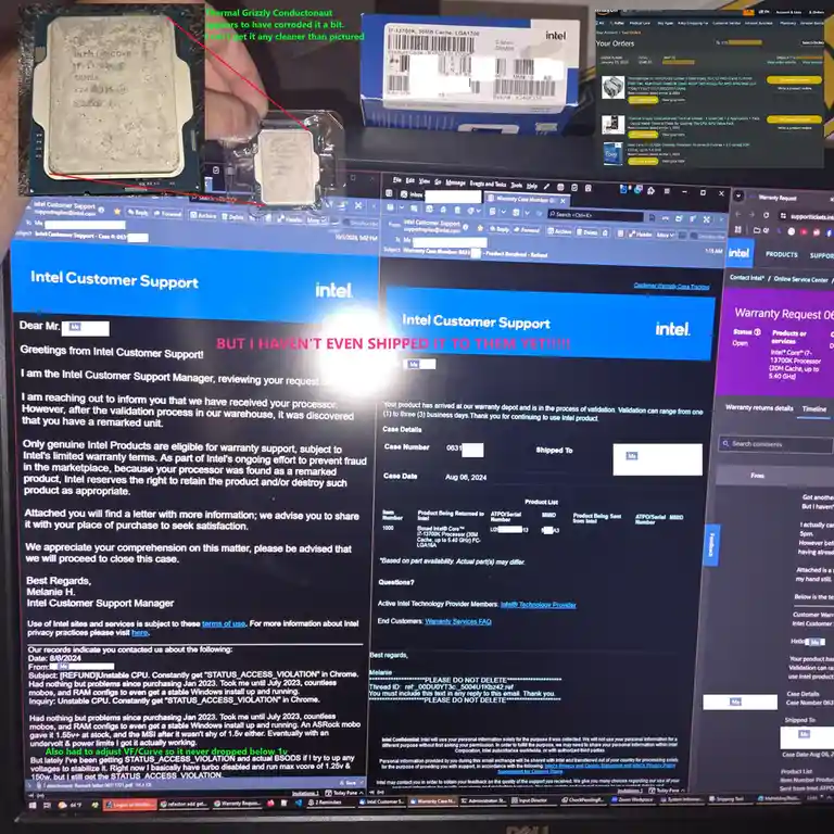 A computer screen displays an Intel Customer Support email stating a CPU is a 'remarked unit' and ineligible for warranty…