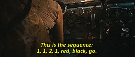 The image shows three panels from the movie Mad Max: Fury Road. In the top row, a character is seen from behind in a vehicle…