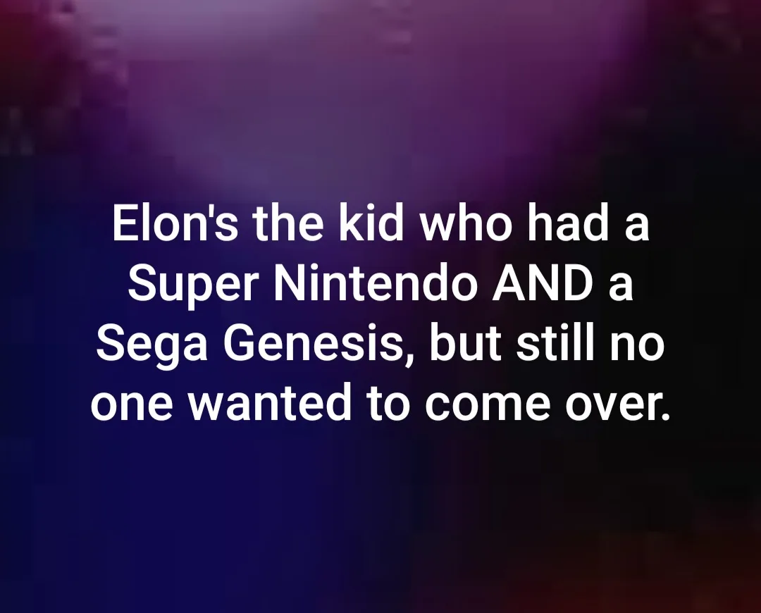 The image displays white text centered on a dark, pixelated purple and blue gradient background. The text reads: 'Elon's the…