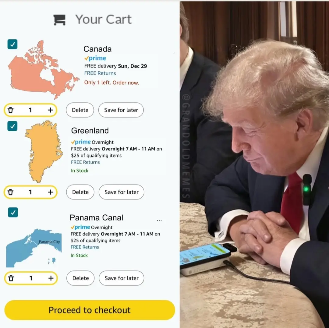 The image is split: left side shows an Amazon cart with Canada, Greenland, and the Panama Canal listed as purchasable items…