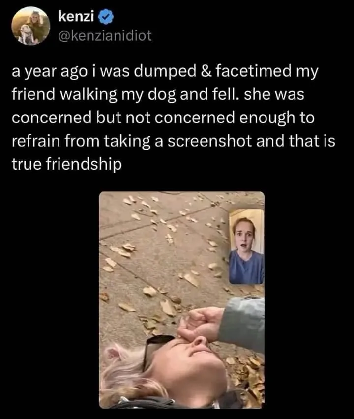 A person lies on the ground among fallen leaves during a Facetime call, with a friend's shocked face visible in a small…