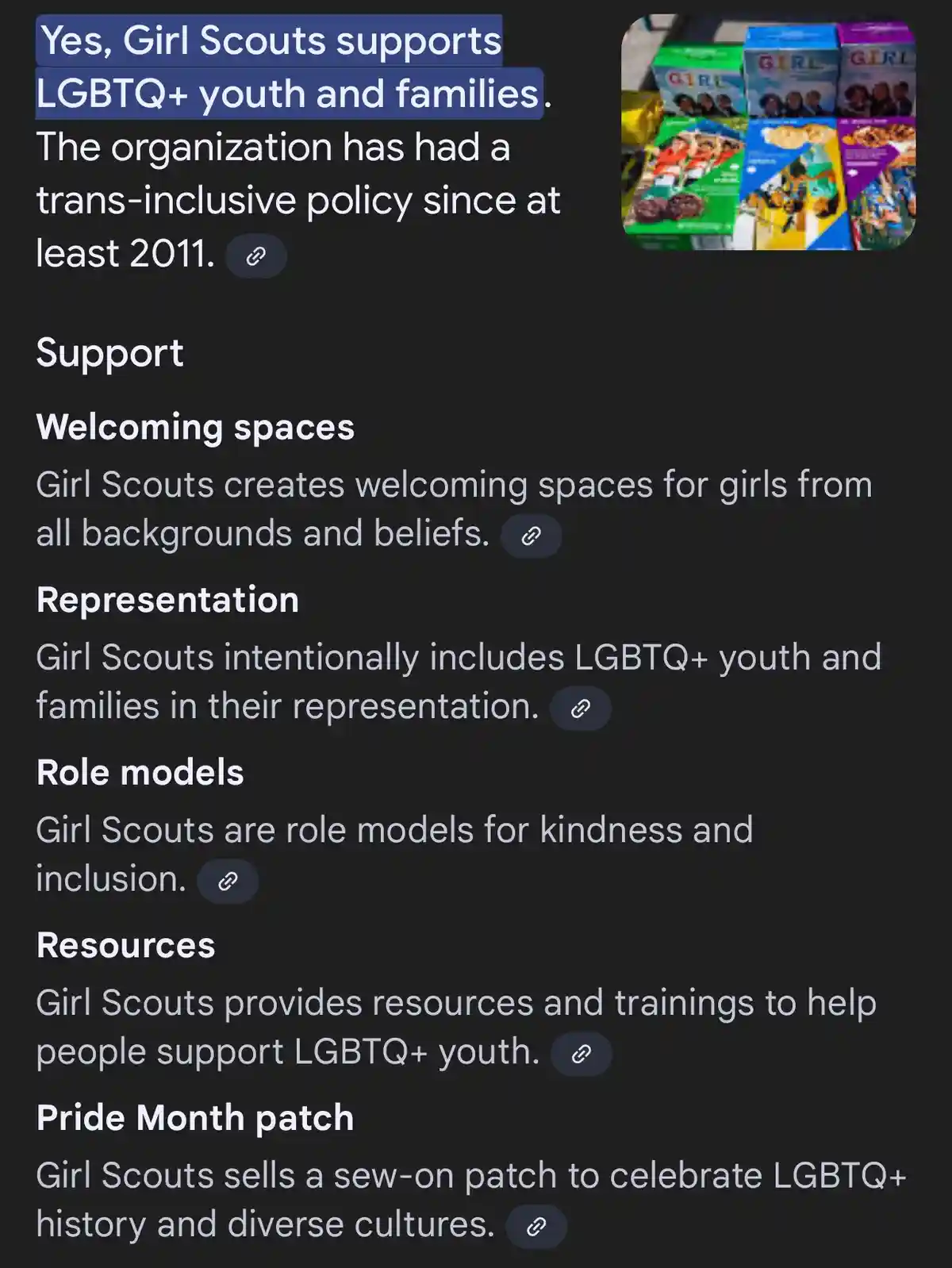 The image shows a screenshot of a webpage detailing Girl Scouts' support for LGBTQ+ youth, with a small inset photo of…