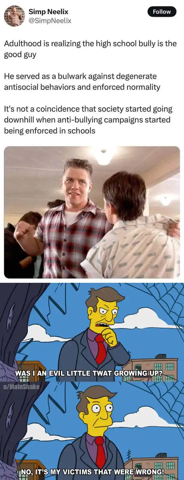 The meme features a top image of a man in a plaid shirt smiling while holding another person's shoulders, overlaid with text…