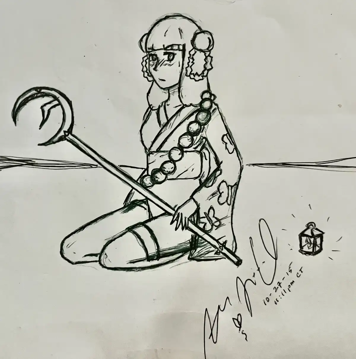 A black-and-white sketch depicts a kneeling anime-style character with braided hair and a traditional robe, holding a large…