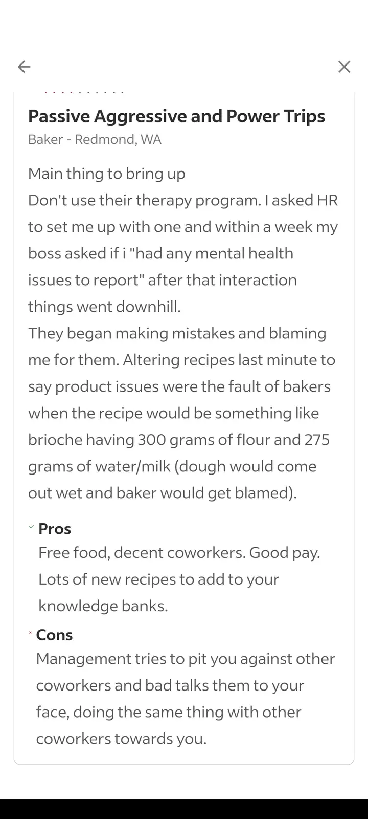 A screenshot of a job review titled 'Passive Aggressive and Power Trips' from a baker in Redmond, WA, detailing workplace…