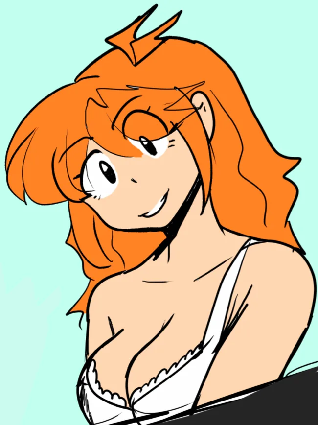 An anime-style illustration of a woman with orange hair and a white bra, smiling while looking over her shoulder. The text…