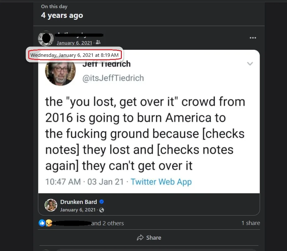 Scrolling through my Facebook memories and this gem from January 6, 2021, popped up just hours before the chaos unfolded