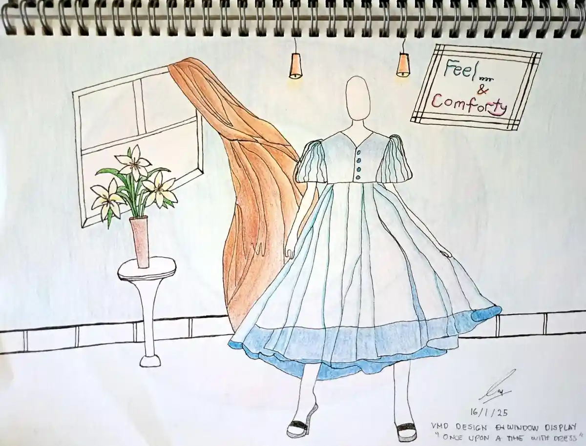 A hand-drawn fashion sketch in a spiral notebook shows a mannequin wearing a light blue, puffy-sleeved dress with buttons…