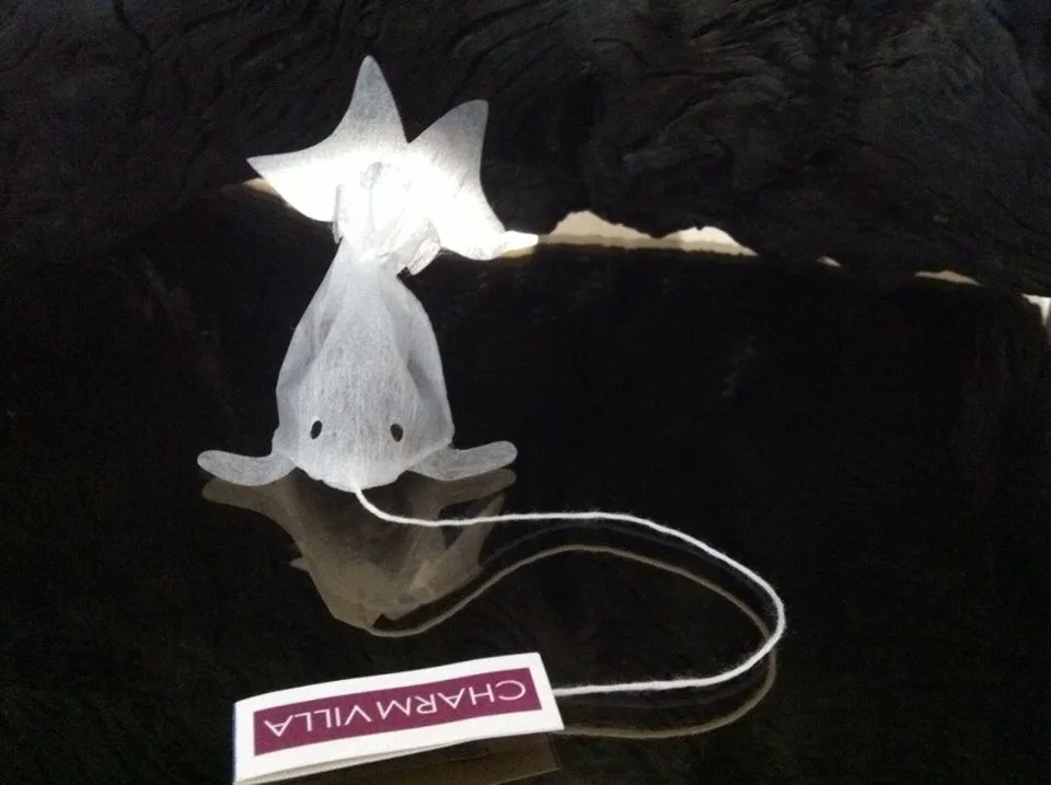 A white, translucent tea bag shaped like a cute, starfish-topped creature with a smiling face and string tag, glowing softly…