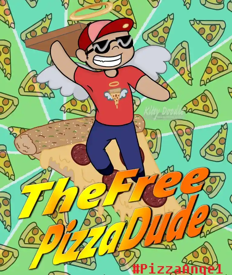 A cartoon man with angel wings, a halo, and sunglasses carries a pizza box while standing on a giant pepperoni pizza slice…