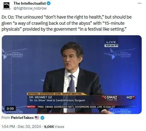A screenshot of Dr. Mehmet Oz speaking at a National Governors Association meeting, with a C-SPAN2 broadcast overlay. The…