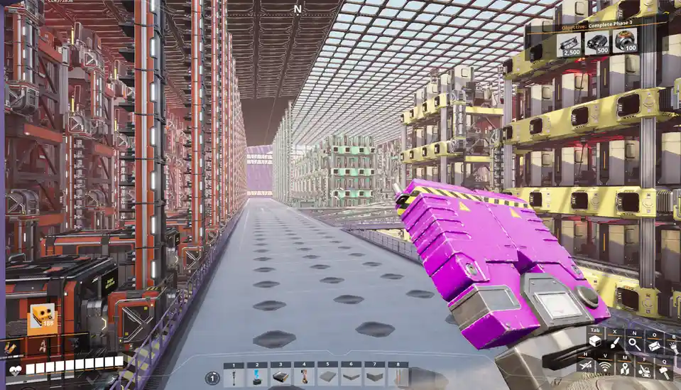 A first-person view from a video game showing a player holding a bright purple, blocky tool in a vast, industrial warehouse…