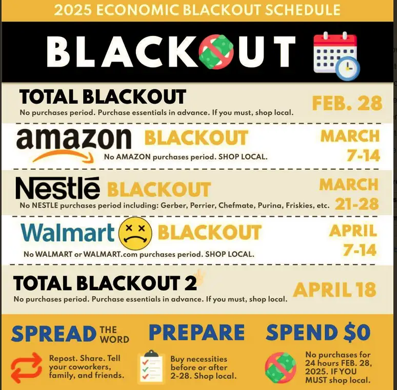 A satirical 2025 'Economic Blackout Schedule' poster lists fake blackout dates for major retailers like Amazon, Nestle, and…