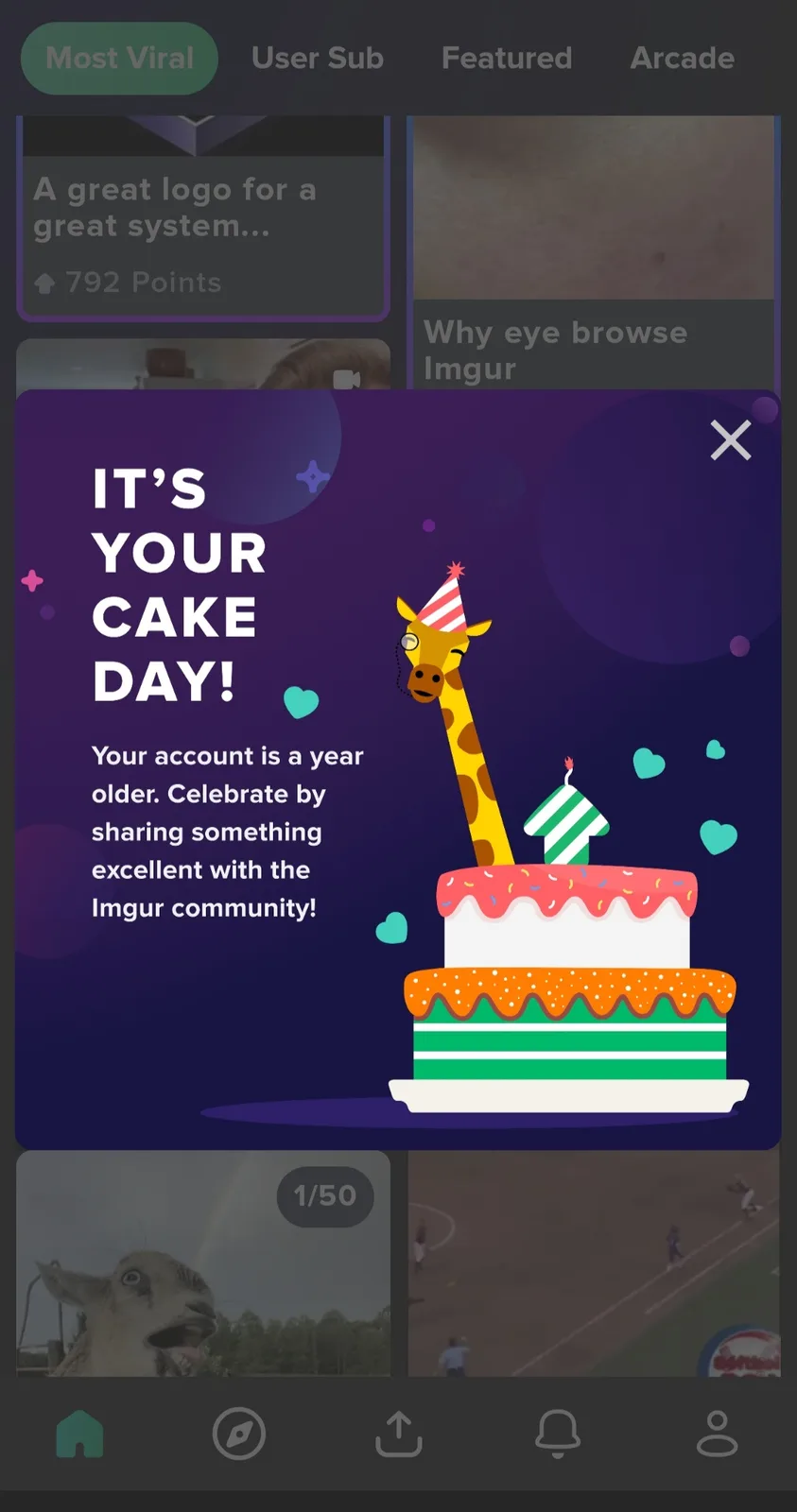 An Imgur app notification popup with a purple background, featuring a cartoon giraffe wearing a party hat standing beside a…