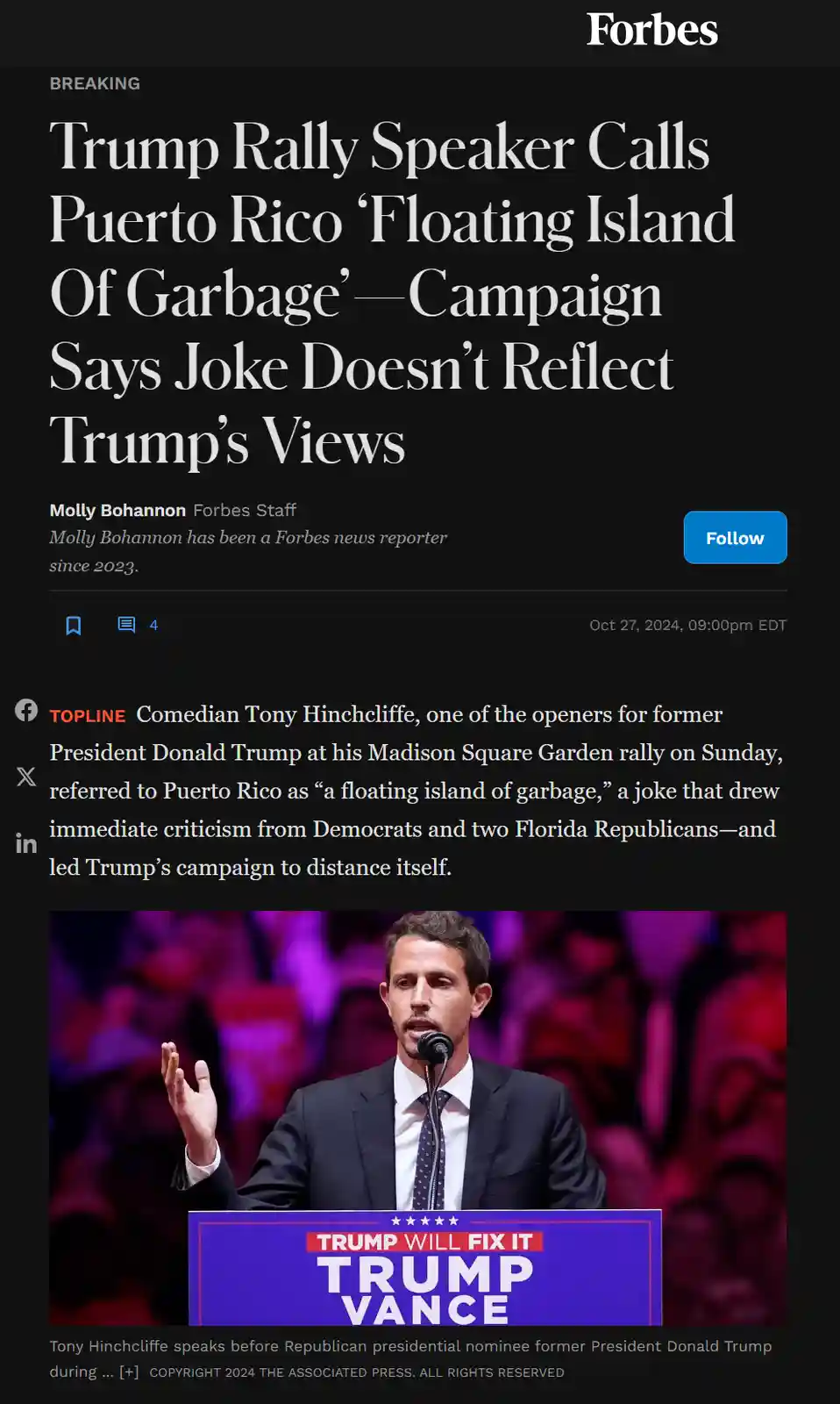 A screenshot of a Forbes news article about comedian Tony Hinchcliffe calling Puerto Rico a 'floating island of garbage' at…