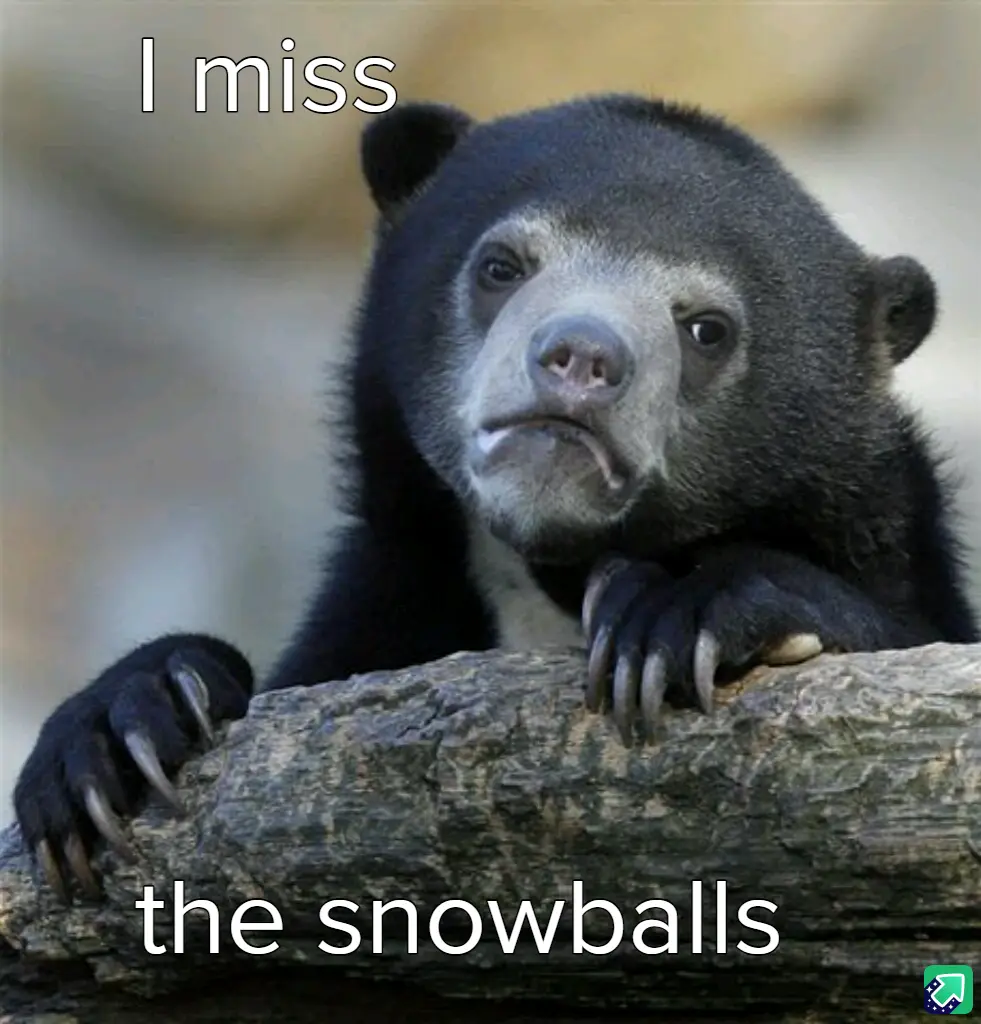 A close-up photo of a sad-looking spectacled bear resting its paws on a log, with the text 'I miss' at the top and 'the…