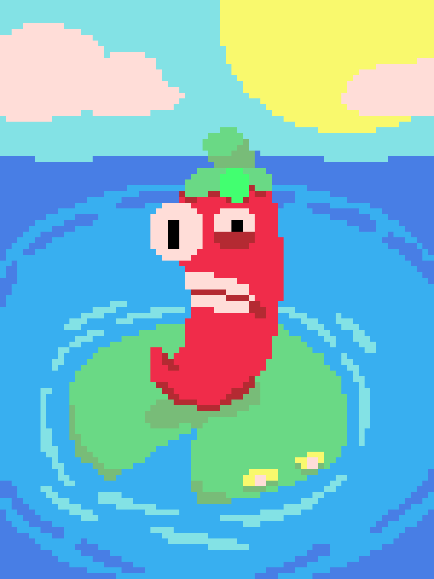 A pixel art image shows a red chili pepper with a green stem, standing upright on a green landmass surrounded by blue water…