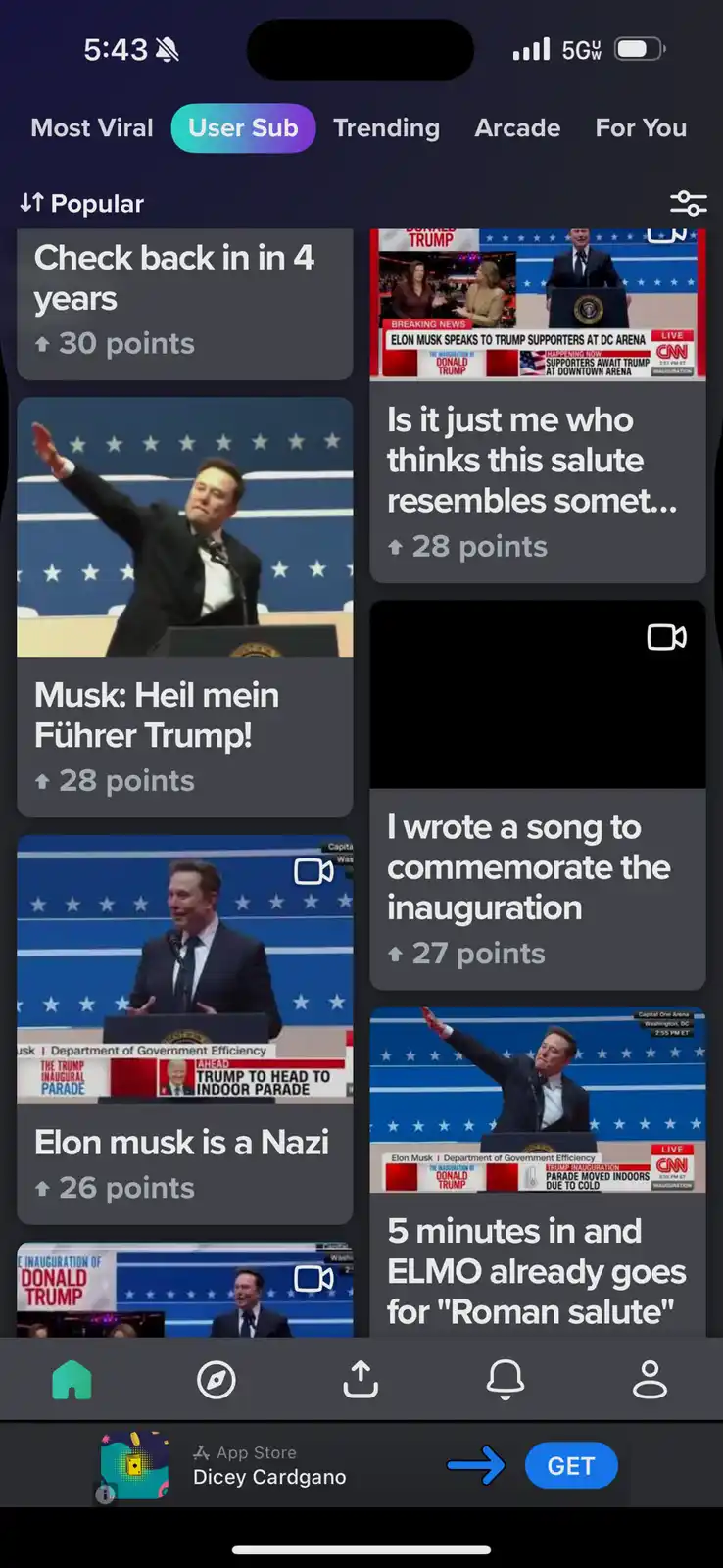 A screenshot of a social media app's 'User Sub' feed shows multiple posts featuring Elon Musk at a podium with a blue star…