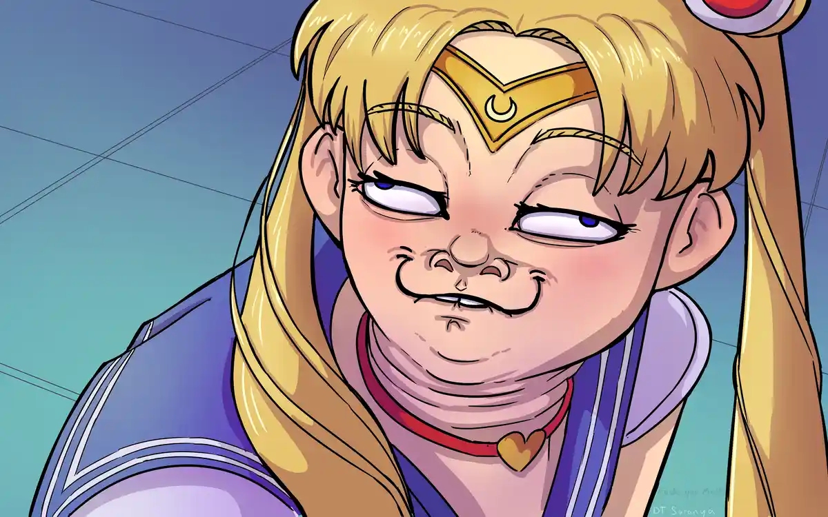 A cartoon drawing of a blonde anime girl in a blue and purple outfit with a crescent moon tiara, wearing a red choker with a…