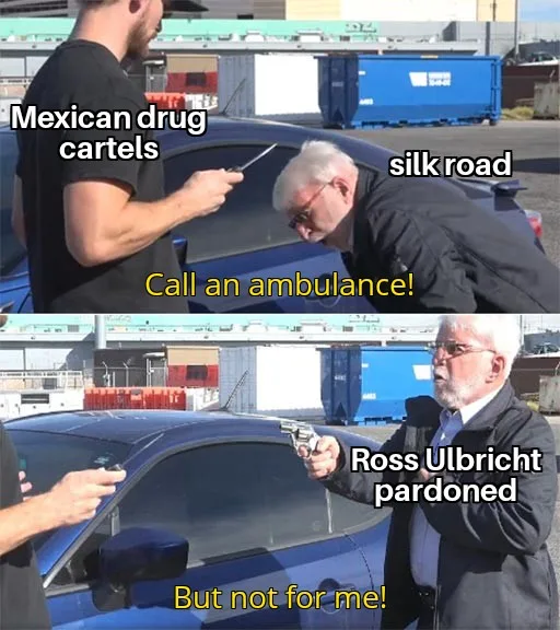 Two-panel meme showing a man with a knife threatening another man leaning on a car. The top panel labels the attacker…