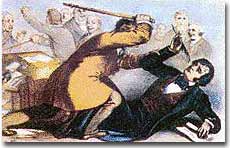 A historical-style illustration depicts a man in a yellow coat swinging a large hammer downward at another man in a black…