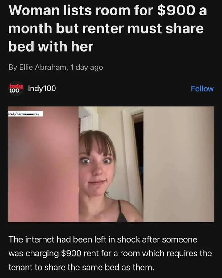 A screenshot of a news article from Indy100 with a headline about a woman listing a room for $900 monthly but requiring the…