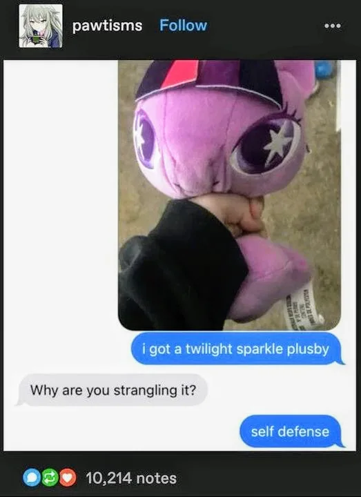 A screenshot of a social media post showing a hand squeezing a purple Twilight Sparkle plush toy, with overlaid text…
