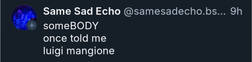 A screenshot of a tweet from 'Same Sad Echo' that reads 'someBODY once told me luigi mangione'. The tweet is displayed on a…