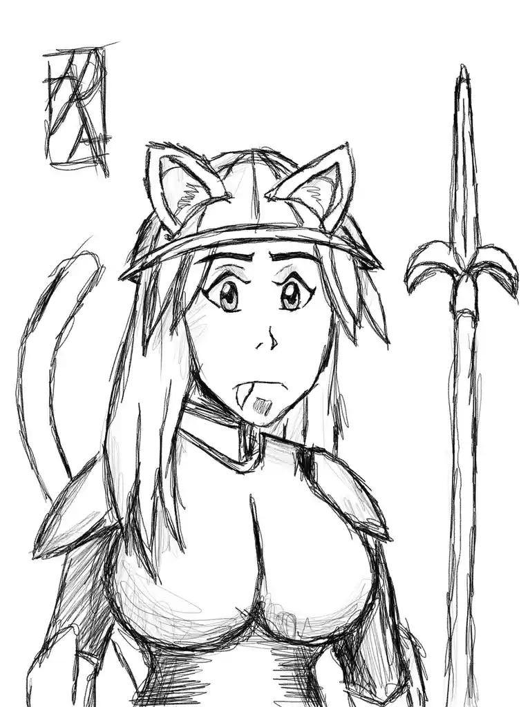 A black-and-white sketch depicts an anime-style female warrior with cat ears and a tail, wearing a helmet and armor, holding…