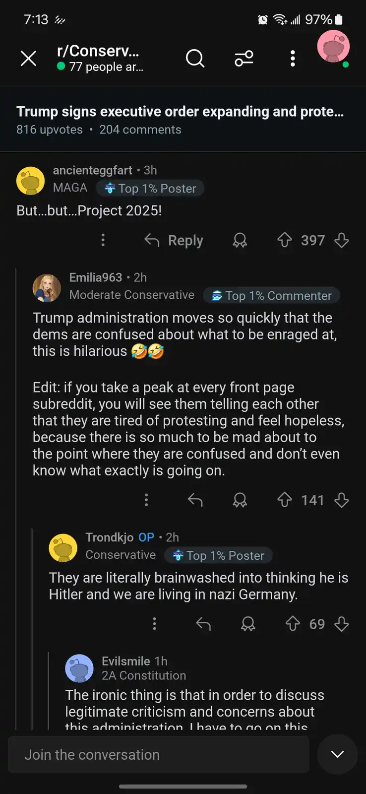 A screenshot of a Reddit thread in r/Conservative showing a comment by 'ancienteggfart' with the text 'But...but...Project…